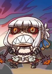 Rule 34 | 1girl, :&gt;, angry, april fools, blush, chibi, claws, fate/grand order, fate (series), fire, flail, flaming eyes, highres, official art, penthesilea (fate), riyo (lyomsnpmp), scowl, shaded face, sharp teeth, silver hair, solid circle eyes, solo, teeth, weapon