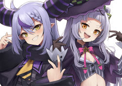 Rule 34 | 2girls, absurdres, ahoge, black headwear, blunt bangs, blush, bow, bowtie, breasts, capelet, coat, collar, cone hair bun, cropped shirt, cuffs, grey hair, grey shirt, hair bun, hair ornament, hairband, hat, hexagram hair ornament, highres, hololive, horns, karadborg, la+ darknesss, long hair, long sleeves, looking at viewer, metal collar, midriff, multicolored hair, multiple girls, murasaki shion, murasaki shion (1st costume), navel, neckerchief, open mouth, pink bow, pink bowtie, pointy ears, purple capelet, purple coat, purple hair, shirt, short eyebrows, sidelocks, single side bun, slit pupils, small breasts, smile, streaked hair, striped clothes, striped shirt, tilted headwear, vertical-striped clothes, vertical-striped shirt, very long hair, virtual youtuber, witch hat, yellow eyes