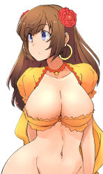 Rule 34 | 1girl, blue eyes, bottomless, breasts, brown hair, choker, cleavage, curvy, earrings, fate/grand order, fate (series), flower, frills, hair ornament, highres, jewelry, large breasts, long hair, mata hari (fate), navel, see-through, solo, wide hips