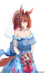 Rule 34 | 1girl, absurdres, animal ears, baozouyeguai, bare shoulders, blue dress, blue gloves, bouquet, breasts, bridal veil, bride, cleavage, commentary request, cowboy shot, daiwa scarlet (something blue) (umamusume), daiwa scarlet (umamusume), dress, flower, gloves, hair ornament, highres, holding, holding bouquet, horse ears, horse girl, horse tail, jewelry, large breasts, looking at viewer, medium hair, necklace, off-shoulder dress, off shoulder, official alternate hair length, official alternate hairstyle, official art, red eyes, simple background, solo, tail, tiara, twintails, twitter username, umamusume, veil, wedding dress, white background
