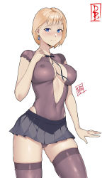 Rule 34 | 1girl, absurdres, black bow, black ribbon, black skirt, blonde hair, blue eyes, blush, bow, breasts, cameltoe, center opening, cleft of venus, closed mouth, commission, covered navel, cowboy shot, damobelmont, earrings, fire emblem, fire emblem: three houses, gluteal fold, grey leotard, grey thighhighs, highleg, highleg leotard, highres, impossible clothes, impossible leotard, jewelry, large breasts, leotard, looking at viewer, mercedes von martritz, microskirt, nintendo, nose blush, pleated skirt, revealing clothes, ribbon, see-through, short hair, short sleeves, simple background, skindentation, skirt, smile, solo, thighhighs, white background
