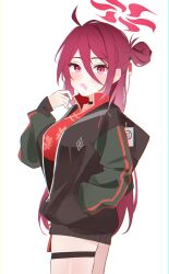 Rule 34 | 1girl, absurdres, black jacket, blue archive, china dress, chinese clothes, dress, green jacket, halo, highres, jacket, liverpool0427, looking at viewer, red eyes, red hair, reijo (blue archive), simple background, solo, thigh strap, thighs