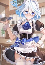 Rule 34 | 1girl, absurdres, alternate costume, apron, ascot, black dress, blue ascot, blue eyes, blue hair, blue pupils, blurry, blurry background, blush, breasts, colored inner hair, cowboy shot, cup, detached collar, dress, enmaided, frilled apron, frills, furina (genshin impact), garter straps, genshin impact, hair between eyes, hand on own hip, heterochromia, highres, holding, holding tray, looking at viewer, maid, maid headdress, mismatched pupils, multicolored hair, parted lips, puffy short sleeves, puffy sleeves, purple eyes, purple pupils, short hair, short sleeves, small breasts, solo, streaked hair, sumomooekaki, teacup, thighhighs, tray, two-tone hair, white apron, white hair, white thighhighs, wrist cuffs