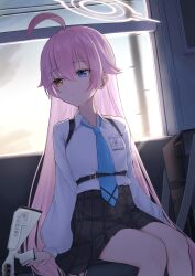 Rule 34 | 1girl, absurdres, ahoge, bag, black skirt, blue archive, blue necktie, breasts, chest harness, feet out of frame, hair between eyes, halo, harness, heterochromia, highres, honome sui, hoshino (blue archive), long hair, looking to the side, necktie, pink hair, plaid, plaid skirt, school bag, school uniform, shirt, sitting, skirt, small breasts, solo, straight hair, train interior, very long hair, white shirt