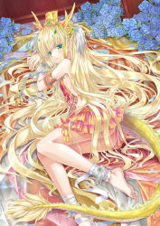 Rule 34 | 1girl, ankle ribbon, armlet, armpits, ass, barefoot, blonde hair, blue flower, blue rose, colored eyelashes, dragon girl, dragon horns, dragon tail, dress, flower, green eyes, hair ornament, highres, hika (cross-angel), horns, jewelry, leg ribbon, long hair, looking at viewer, lying, monster girl, necklace, new year, no panties, on side, original, petals, pointy ears, ribbon, rose, skirt, solo, tail, very long hair