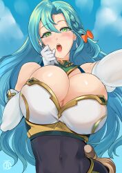 Rule 34 | 1girl, blue hair, blush, breasts, breasts squeezed together, bursting breasts, chloe (fire emblem), fire emblem, fire emblem engage, green eyes, highres, huge breasts, long sleeves, nintendo, open mouth, revolverwing