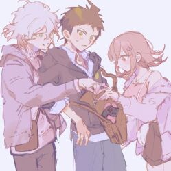 1girl 2boys ahoge bag bare_shoulders blush brown_bag brown_jacket casual controller cowboy_shot danganronpa_(series) danganronpa_2:_goodbye_despair from_side game_controller grey_hair grin hair_between_eyes hinata_hajime jacket jewelry komaeda_nagito multiple_boys nanami_chiaki off_shoulder oh_0409 open_clothes open_jacket pink_jacket ring shoulder_bag skull_ornament smile spaceship_hair_ornament sweatdrop teeth