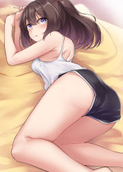 Rule 34 | 1girl, absurdres, akizuki (kancolle), bare arms, bare legs, barefoot, blue eyes, blush, breasts, brown hair, hair between eyes, highres, kantai collection, kiritto, long hair, looking at viewer, medium breasts, open mouth, ponytail, short shorts, shorts, solo, tank top, white tank top