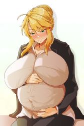 Rule 34 | 1girl, 41 (taskmaster41), absurdres, alternate breast size, artoria pendragon (fate), artoria pendragon (lancer) (fate), black pants, blonde hair, blush, braid, breasts, coat, fate/grand order, fate (series), french braid, green eyes, hair between eyes, highres, huge breasts, impossible clothes, impossible shirt, jacket, jacket on shoulders, pants, pregnant, shirt, sitting, smile, solo, stomach bulge, swept bangs