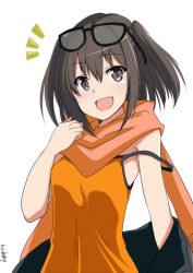 Rule 34 | 1girl, ^^^, alternate costume, artist name, black hair, brown eyes, casual, commentary request, eyewear on head, fang, hinase (jet hearts), kantai collection, looking at viewer, one-hour drawing challenge, orange scarf, orange tank top, scarf, sendai (kancolle), short hair, simple background, skin fang, smile, solo, spaghetti strap, sunglasses, tank top, two side up, upper body, white background