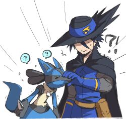 Rule 34 | !?, &gt; &lt;, 1boy, ?, artist name, black cape, black hair, blue fur, blue gloves, cape, closed mouth, commentary request, creatures (company), game freak, gen 4 pokemon, gloves, hat, highres, lucario, male focus, nintendo, niyasu, pokemon, pokemon: lucario and the mystery of mew, pokemon (anime), pokemon (creature), pokemon rse (anime), short hair, simple background, sir aaron, spikes, spoken question mark, tail, white background