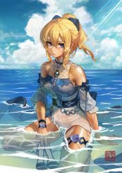 Rule 34 | 1girl, arm support, bare shoulders, beach, black footwear, blonde hair, blouse, blue eyes, blue shirt, blue sky, cloud, daniel deng, detached sleeves, genshin impact, hair between eyes, high-waist shorts, high heels, high ponytail, highres, in water, jean (genshin impact), jean (sea breeze dandelion) (genshin impact), official alternate costume, partially submerged, shirt, shore, shorts, sidelocks, sky, thigh strap, thighs, wet, white shorts