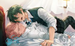 Rule 34 | 2boys, blonde hair, blue eyes, blush, boy on top, collared shirt, commentary, curtains, english commentary, ensemble stars!, funpjinju, green hair, green pants, heterochromia, indoors, itsuki shu, kagehira mika, looking at another, lying, male focus, multiple boys, on bed, open mouth, pants, plaid, plaid pants, shirt, short hair, signature, sitting, teeth, tongue, upper teeth only, vest, white shirt, window, yaoi