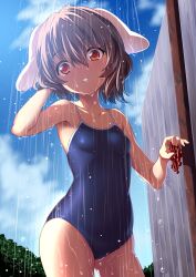 Rule 34 | 1girl, animal ears, blue one-piece swimsuit, blue sky, breasts, brown hair, highres, hijikawa arashi, inaba tewi, looking at viewer, one-piece swimsuit, outdoors, rabbit ears, rabbit girl, red eyes, school swimsuit, short hair, showering, sky, small breasts, solo, swimsuit, touhou, water, wet