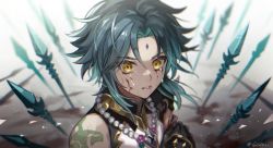 Rule 34 | 1boy, aqua hair, arm tattoo, armor, bead necklace, beads, black gloves, black hair, blood, blood on face, crying, facial mark, forehead mark, genshin impact, gloves, jewelry, male focus, multicolored hair, necklace, parted lips, planted, polearm, qi2341, shoulder armor, sleeveless, solo, spear, spikes, tattoo, tears, twitter username, upper body, weapon, xiao (genshin impact), yellow eyes
