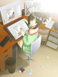 Rule 34 | 1girl, black hair, computer, drawing, drawing tablet, from above, handheld game console, indoors, keyboard, keyboard (computer), looking up, mouse (computer), playstation portable, ponytail, recursion, solo, speaker, third-party edit, unowen, wacom, yellow eyes