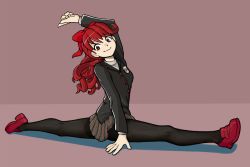 Rule 34 | 1girl, black jacket, black pantyhose, bow, flexible, hair bow, jacket, looking at viewer, pantyhose, persona, persona 5, persona 5 the royal, ponytail, red eyes, red footwear, red hair, school uniform, shoes, simple background, split, stretching, uniform, yoshizawa kasumi