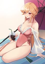 Rule 34 | 1girl, arm support, azur lane, bad id, bad pixiv id, barefoot, beach, beach umbrella, breasts, cleavage, commentary, covered navel, cup, disposable cup, drinking straw, frilled swimsuit, frills, full body, highleg, highleg swimsuit, highres, large breasts, leaning forward, long hair, looking at viewer, lotion, manjirou (manji illust), multiple straps, official alternate costume, one-piece swimsuit, orange hair, pink one-piece swimsuit, purple umbrella, red eyes, revision, richelieu (azur lane), richelieu (fleuron of the waves) (azur lane), sand, see-through, see-through sleeves, side-tie swimsuit, sitting, solo, sunscreen, swimsuit, umbrella, very long hair, yokozuwari