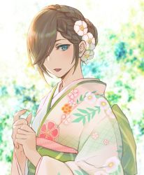 Rule 34 | 1girl, blue eyes, braid, braided bun, brown hair, flower, hair bun, hair flower, hair ornament, hair over one eye, isa (peien516), japanese clothes, kimono, long hair, looking at viewer, open mouth, solo, tales of (series), tales of the abyss, tear grants, yukata