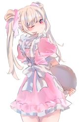 Rule 34 | 1girl, apron, blonde hair, blush, closed mouth, commentary request, cowboy shot, dress, frilled apron, frilled dress, frills, hair ribbon, highres, holding, holding tray, looking at viewer, looking back, maid, maid apron, one eye closed, original, pink dress, pink ribbon, puffy short sleeves, puffy sleeves, red eyes, ribbon, sha2mo, short sleeves, simple background, solo, tray, twintails, white apron, white background
