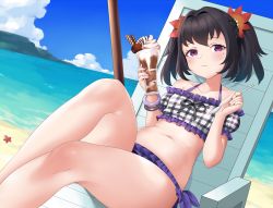 Rule 34 | 1girl, =, beach, bracelet, chair, commission, dessert, flower hair ornament, food, hair ornament, highres, igni tion, jewelry, mole, mole under eye, nail polish, parfait, purple eyes, purple hair, red nails, sitting, smile, solo, spoon, sunset, swimsuit, symonne (tales), tales of (series), tales of zestiria, toenail polish, toenails, twintails, water