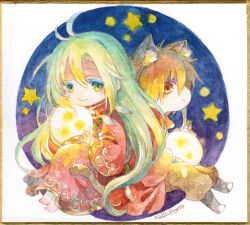 Rule 34 | 2boys, ahat (ragnarok online), animal ear fluff, antenna hair, barefoot, blonde hair, brown eyes, brown hair, cat boy, cheshire (ragnarok online), chibi, closed mouth, commentary request, dated, frown, full body, green eyes, holding, holding lantern, lantern, long hair, long sleeves, looking at viewer, male focus, multiple boys, ragnarok online, red robe, robe, shikishi, signature, smile, star (symbol), tokio (okt0w0), traditional media, very long hair
