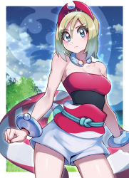 Rule 34 | 1girl, blonde hair, blue eyes, blush, bracelet, breasts, cleavage, closed mouth, cloud, commentary request, creatures (company), day, eyelashes, frown, game freak, hair between eyes, hat, highres, irida (pokemon), jewelry, medium hair, neck ring, nintendo, outdoors, pokemon, pokemon legends: arceus, red hat, red shirt, sash, shirt, shorts, sky, solo, strapless, strapless shirt, waist cape, white shorts, yasu suupatenin