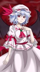 Rule 34 | 1girl, bat wings, bin ramune, blue hair, dress, expressionless, frilled sleeves, frills, hat, hat ribbon, highres, mob cap, red eyes, remilia scarlet, ribbon, short hair, simple background, solo, touhou, wing collar, wings