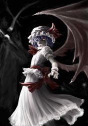 Rule 34 | 1girl, bad id, bad pixiv id, creepy, dress, epic, fang, female focus, frills, glowing, glowing eye, hat, highres, horror (theme), mbby, pale skin, pointing, purple hair, red eyes, remilia scarlet, short hair, solo, touhou, wings