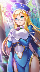 Rule 34 | 1girl, blonde hair, blue dress, blue eyes, blush, bow, bowtie, breasts, church, closed mouth, covered navel, dress, framed breasts, glasses, gloves, hair ribbon, hat, highres, indoors, large breasts, long hair, long sleeves, looking at viewer, melpha, melpha (queen&#039;s blade unlimited), nun, official art, praying, puffy sleeves, queen&#039;s blade, queen&#039;s blade unlimited, queen&#039;s blade white triangle, ribbon, semi-rimless eyewear, short dress, sidelocks, smile, solo, standing, thighs, under-rim eyewear, white gloves