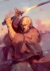 Rule 34 | 1boy, beard, copyright name, facial hair, fate/grand order, fate (series), fighting stance, grey hair, haori, holding, holding sword, holding weapon, japanese clothes, katana, male focus, manly, old, old man, solo, sword, weapon, wide sleeves, yagyuu munenori (fate), yoshimoto (dear life)