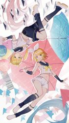Rule 34 | 1boy, 1girl, bad id, bad pixiv id, black leggings, black sailor collar, black shorts, black sleeves, blonde hair, blue eyes, blue hair, blue umbrella, bow, brother and sister, collarbone, detached sleeves, hair bow, highres, holding, holding umbrella, kagamine len, kagamine rin, leggings, looking at viewer, midriff, navel, necktie, open mouth, pink hair, pink umbrella, pre (preecho), sailor collar, shirt, short hair, short shorts, short sleeves, shorts, siblings, sleeveless, sleeveless shirt, stomach, umbrella, vocaloid, white bow, white footwear, white shirt, white shorts, yellow neckwear