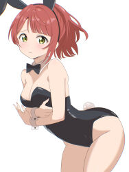 Rule 34 | 1girl, alternate hairstyle, animal ears, bad anatomy, bare shoulders, black bow, black leotard, blush, bow, breasts, cleavage, closed mouth, commentary request, covering breasts, covering privates, detached collar, fake animal ears, furrowed brow, highres, leaning forward, leotard, looking at viewer, love live!, love live! nijigasaki high school idol club, masaki (masakinariya), medium breasts, medium hair, playboy bunny, ponytail, rabbit ears, rabbit tail, red hair, sidelocks, solo, strapless, strapless leotard, swept bangs, tail, uehara ayumu, upper body, white background, wrist cuffs, yellow eyes