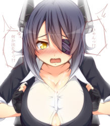 Rule 34 | 10s, 1girl, black hair, blush, breasts, cleavage, collared shirt, cum, cum in mouth, cum on body, cum on breasts, cum on upper body, eyepatch, fingerless gloves, gloves, headgear, kantai collection, large breasts, open mouth, paizuri, paizuri under clothes, personification, shirt, short hair, solo, speech bubble, tears, tenryuu (kancolle), tori (minamopa), translated, yellow eyes