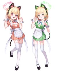 Rule 34 | 2girls, alternate costume, animal ear headphones, animal ears, apron, black footwear, blonde hair, blue archive, blue bow, blush, bow, cat cutout, cat ears, cat tail, claw pose, cleavage cutout, clothing cutout, commentary request, detached collar, dress, fake animal ears, fake tail, full body, green dress, green eyes, hair bow, halo, headphones, highres, looking at viewer, low-tied sidelocks, maid, mannack, medium hair, midori (blue archive), momoi (blue archive), multiple girls, open mouth, orange dress, paid reward available, parted lips, paw pose, pink eyes, red bow, sash, shoes, short dress, siblings, simple background, sisters, tail, teeth, thighhighs, twins, upper teeth only, waist apron, white background, white thighhighs, wrist cuffs, zettai ryouiki