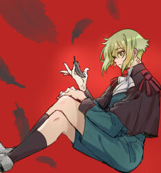 Rule 34 | 1boy, ascot, asticassia school uniform, black capelet, black feathers, black socks, capelet, crossed legs, dangle earrings, earrings, elan ceres, falling feathers, feathers, feet out of frame, floating, formatkun, green eyes, green hair, green jacket, green shorts, gundam, gundam suisei no majo, hair between eyes, hand on own knee, highres, jacket, jewelry, long sleeves, male focus, neck tattoo, red background, school uniform, short hair, shorts, sidelocks, socks, solo, tattoo, white ascot