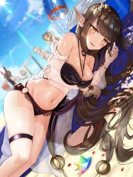 Rule 34 | 5girls, bare shoulders, beach, beach mat, beach volleyball, bikini, black bikini, black hair, blue sky, blunt bangs, blush, bracelet, breasts, character request, cleavage, cloud, collarbone, commentary request, cooler, cowboy shot, day, dutch angle, fate/grand order, fate (series), groin, halterneck, highres, innertube, iro (boo iro), jewelry, large breasts, long hair, looking at viewer, lying, midriff, multiple girls, nail polish, navel, o-ring, o-ring bikini, ocean, off-shoulder jacket, off shoulder, on side, parted lips, pointy ears, saint quartz (fate), sand, see-through, semiramis (fate), sessyoin kiara, sessyoin kiara (swimsuit mooncancer), sidelocks, skindentation, sky, smile, solo focus, spikes, sunlight, swim ring, swimsuit, thigh strap, very long hair, yellow eyes