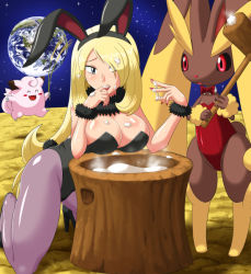 Rule 34 | blonde hair, breast rest, breasts, rabbit, cleavage, clefairy, creatures (company), cynthia (pokemon), earth (planet), food, game freak, gen 1 pokemon, gen 4 pokemon, hammer, high heels, large breasts, leotard, lopunny, mallet, mochi, nintendo, pantyhose, planet, playboy bunny, pokemoa, pokemon, pokemon (creature), sexually suggestive, shoes, space, wagashi