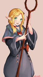 Rule 34 | 1girl, artist name, bag, blonde hair, blush, bow, braid, choker, commission, commissioner upload, cowboy shot, dungeon meshi, elf, green eyes, highres, holding, looking at viewer, marcille donato, open mouth, pointy ears, robe, signature, simple background, smile, solo, staff, tomatolover16, twin braids, v