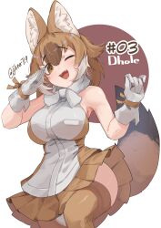 Rule 34 | 1girl, absurdres, animal ears, bare shoulders, blush, brown eyes, brown hair, brown shirt, brown skirt, brown thighhighs, dhole (kemono friends), dog ears, dog girl, dog tail, fangs, gloves, highres, jknor, kemono friends, light brown hair, looking at viewer, miniskirt, multicolored hair, one eye closed, open mouth, pleated skirt, salute, shirt, short hair, skirt, sleeveless, solo, tail, thighhighs, two-tone shirt, white gloves, white hair, white shirt