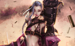 Rule 34 | 1girl, bikini, bikini top only, black gloves, blue hair, braid, bullet, character name, duto, gloves, gradient background, highres, jewelry, jinx (league of legends), league of legends, lips, long hair, looking at viewer, navel, necklace, one eye closed, red eyes, solo, swimsuit, tattoo, twin braids, upper body, very long hair, weapon