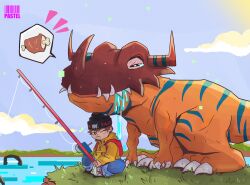 Rule 34 | absurdres, digimon, digimon (creature), digimon world, drooling, food, greymon, hat, highres, horns, mameo (digimon), meat