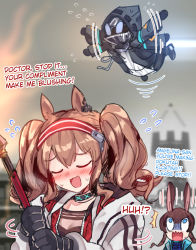 Rule 34 | 1other, 2girls, :d, amiya (arknights), angelina (arknights), animal ears, arknights, black choker, black gloves, black jacket, blue eyes, blurry, blurry background, blush, brown hair, choker, closed eyes, commentary, doctor (arknights), english text, engrish text, flying, flying sweatdrops, fox ears, gloves, hairband, highres, holding, holding staff, hood, hooded jacket, indoors, jacket, long hair, looking up, multiple girls, nose blush, open clothes, open jacket, open mouth, originium arts (arknights), rabbit ears, ranguage, rayno, red hairband, shirt, smile, staff, translated, turn pale, twintails, upper body, waving arms, white jacket
