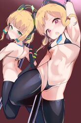Rule 34 | 2girls, absurdres, alternate costume, animal ears, arm up, armpits, back, bare shoulders, bikini, black bikini, blonde hair, blue archive, blush, breasts, cameltoe, cleft of venus, from behind, green eyes, hair ornament, hetima0112, highleg, highleg bikini, highres, latex, latex thighhighs, looking at viewer, micro bikini, midori (blue archive), momoi (blue archive), multiple girls, navel, open mouth, partially visible vulva, pole, pole dancing, red eyes, short hair, small breasts, stomach, string bikini, stripper, stripper pole, swimsuit, thighhighs