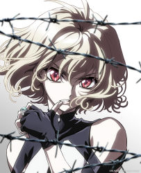 Rule 34 | 1girl, angelise ikaruga misurugi, antenna hair, barbed wire, black gloves, blonde hair, commentary request, company name, cross ange, fingerless gloves, gloves, jewelry, official art, ono sayaka, portrait, red eyes, ring, short hair, solo, upper body
