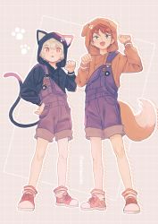Rule 34 | 2boys, :3, :d, :p, animal ears, animal hood, badge, black hoodie, blush, brown hair, brown hoodie, button badge, cat ears, cat hood, cat tail, cross-laced footwear, dog ears, dog hood, dog tail, drop shadow, flower, full body, green eyes, hand on own hip, hand up, hands up, highres, hood, hood up, hoodie, kuga yuuma, long sleeves, looking at viewer, male focus, moimoiuo, multiple boys, open mouth, outline, overalls, pants, pants rolled up, paw pose, paw print, red eyes, red flower, satori ken, shoes, short hair, single strap, smile, socks, standing, striped clothes, striped legwear, striped socks, tail, tongue, tongue out, twitter username, white hair, white outline, world trigger