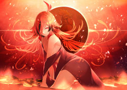 Rule 34 | 1girl, ahoge, animare, bare shoulders, bird, breasts, chicken, cloak, cowboy shot, dress, fire, hair between eyes, hair wings, highres, kazami kuku, kokka han, lava, lava bath, light particles, looking at viewer, medium breasts, medium hair, nanashi inc., off shoulder, parted lips, red background, red dress, red eyes, red hair, red theme, rooster, sitting, solo, virtual youtuber