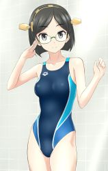 Rule 34 | 10s, 1girl, arena (company), bad id, bad pixiv id, black eyes, black hair, breasts, competition swimsuit, glasses, highres, kantai collection, kirishima (kancolle), medium breasts, one-piece swimsuit, solo, swimsuit, takafumi