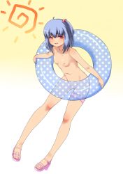 Rule 34 | 1girl, amashoku jirou, blue hair, blush, breasts, cleft of venus, female focus, hair bobbles, hair ornament, high heels, innertube, leaning forward, legs, navel, nipples, nude, one side up, original, pink eyes, pussy, sandals, shoes, short hair, small breasts, smile, solo, swim ring, thighs, uncensored