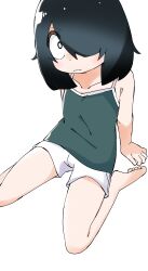 Rule 34 | 1girl, 3:, absurdres, arm support, armpit crease, bare arms, bare legs, bare shoulders, barefoot, black camisole, black hair, camisole, casual, closed mouth, collarbone, foot out of frame, hair over one eye, highres, jijou wo shiranai tenkousei ga guigui kuru., kawamura taku, long bangs, looking at viewer, looking to the side, looking up, nishimura akane, official art, one eye covered, sanpaku, short hair, short shorts, shorts, simple background, sitting, sleeveless, solo, spaghetti strap, split mouth, wariza, white background, white eyes, white shorts